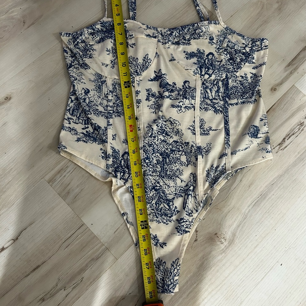 Cider Corset 1XL Bodysuit Toile Print Blue White Bustier Top Cottagecore - Picture 5 of 12